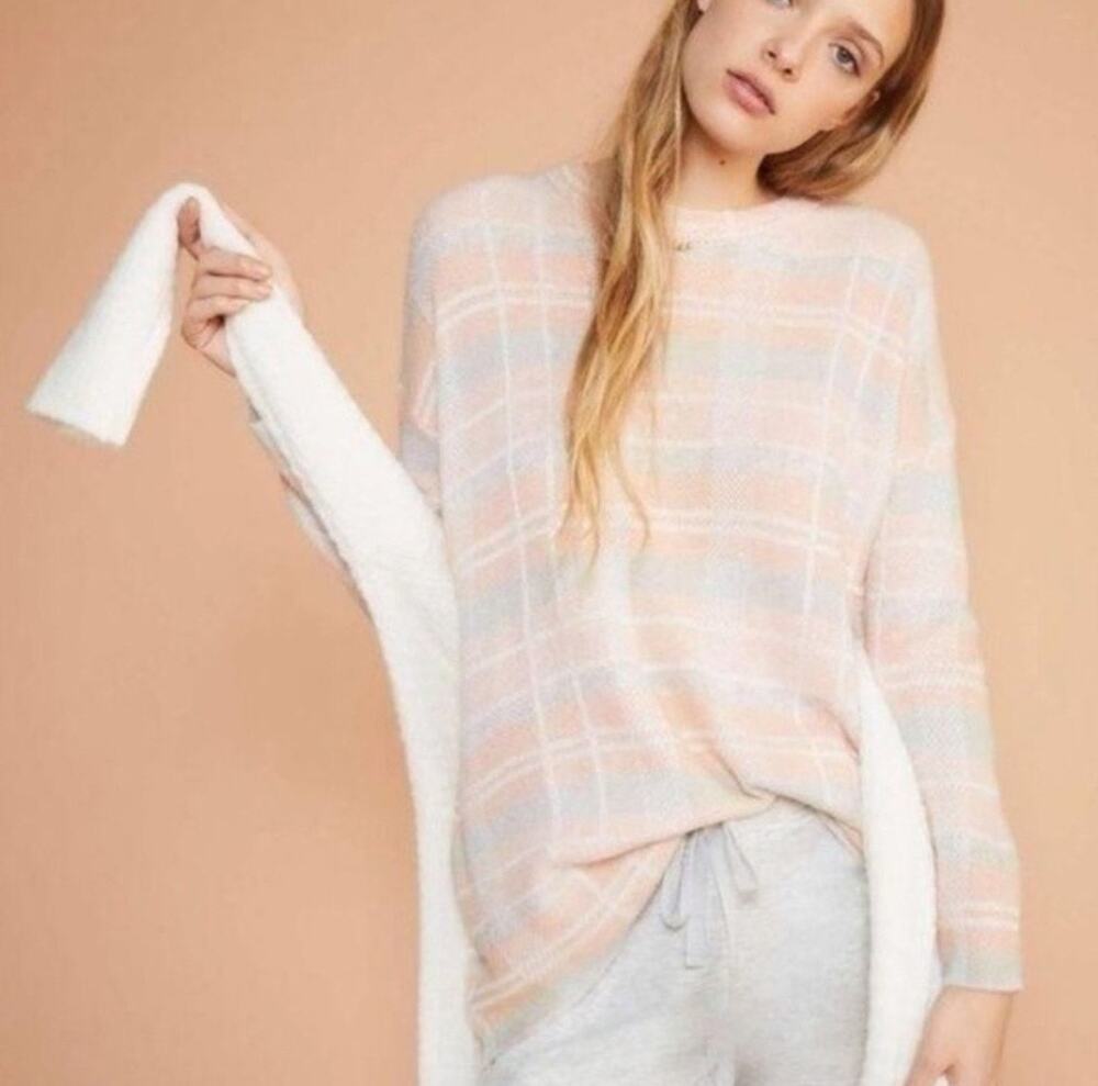 NWT Lou & Grey Blush Pink & Light Blue Plaid Tunic Length Sweater